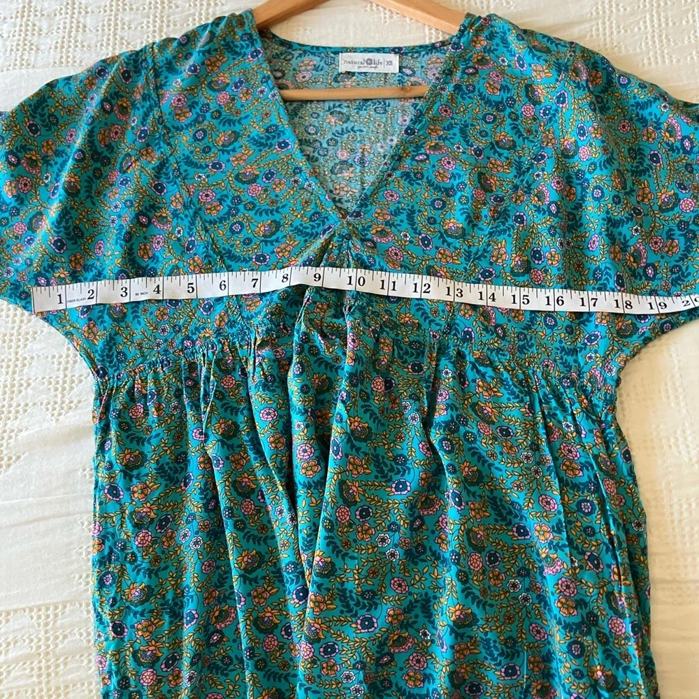 NATURAL LIFE Blue Floral Dolman Rayon V-Neck Mini Dress Size XS - Picture 6 of 10